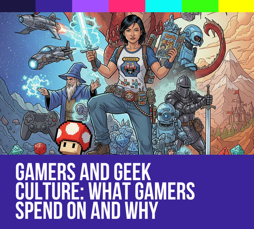 Cartoon artwork of geek culture, including a wizard, knight, dragon, and Mario mushroom.